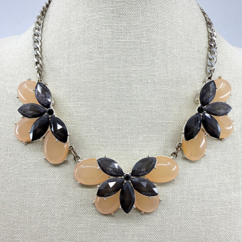 New York & Co. Statement Necklace Peach Cabochon Black Glitter Petal Floral